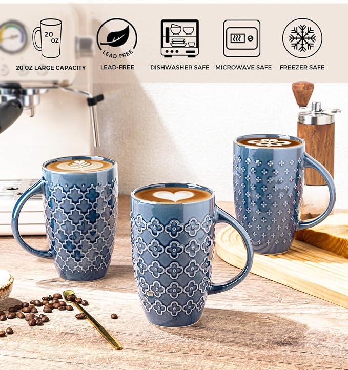 AmorArc Large Coffee Mugs Set of 4, 20oz Tall Coffee Mugs Set | with Texture Patterns for Cappuccino, Latte,Hot Cocoa, Dishwasher & Microwave Safe-Moonlight Blue - Image 4