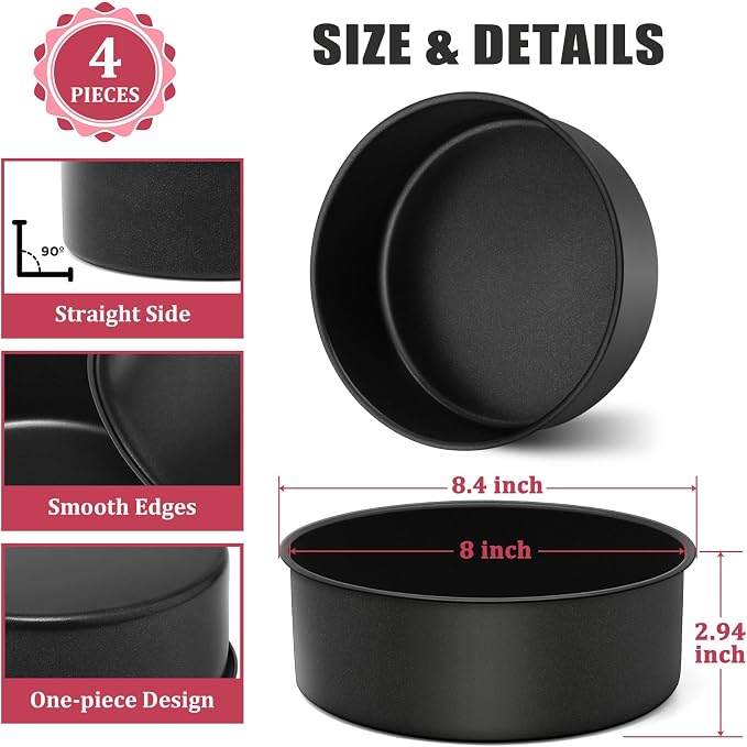 P&P CHEF 8 Inch Cake Pan Set, 4Pcs Non-stick Round Baking Cake Pans Tins | Stainless Steel Core & Nonstick Coating, Good for Baking Layer Tier Cakes for Birthday Wedding, Deep Side & One-piece Design - Image 2