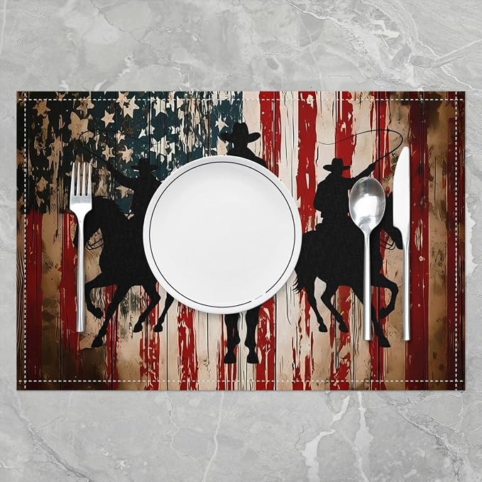 Feelyou Vintage Cowboy Placemats Set of 4 American Flag Table Mats for Party Kitchen Dining Decoration Western Patriotic Place Mat for Table Holiday Decor Indoor Outdoor 18"x12" Non-Slip Easy to Clean - Image 2