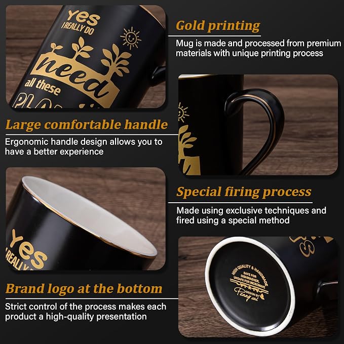 Biching Gardening Gifts for Women Men - Cool Plant Lover Gifts Coffee Mug | Garden Gifts for Gardeners, Plant Lady, Mom, Dad, Son - 14oz Black Ceramic Mug with Gold Print Lid Spoon Card Luxury Gift Box - Image 4