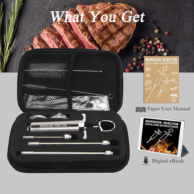 Meat Injector,Turkey Seasoning Injection Kit with 3 Professional Marinade Injector Needles for Grill Smoker BBQ Brisket; Include User Manual, E-Book - Storage Case