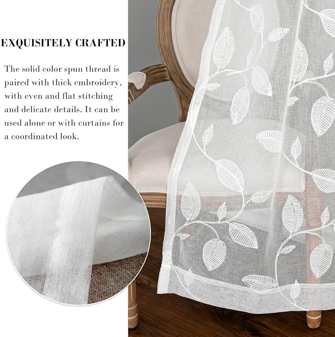 White Rod Pocket Sheer Curtains 96 inches Long Leaves Embroidered Window Curtain Sheer Voile Panels for Living Room & Bedroom, 60x96,Two Panels - Image 6