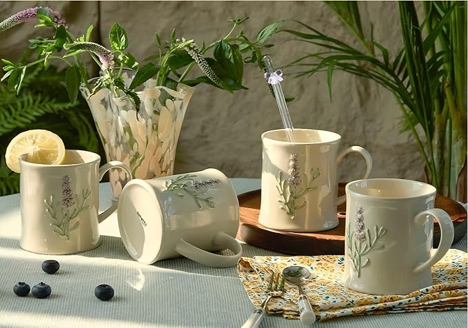 Artisanal Handcrafted Ceramic Mug with Sage Botanical Design - 10oz Off-White Stoneware Coffee Cup, Elegant Purple Sage Pattern, Dishwasher Safe, Comfort Grip Handle for Daily Use-4pack by DelightsGalore