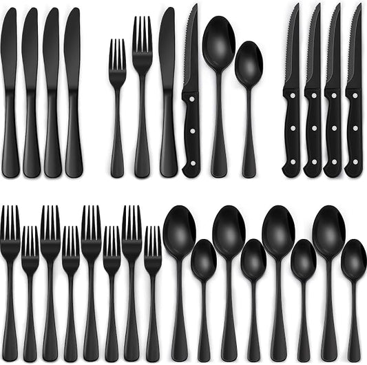 EWFEN 24-Piece Black Silverware Set with Steak Knives, Black Flatware Set for 4, Food-Grade Stainless Steel Tableware Cutlery Set, Mirror Finished Utensil Sets for Home Restaurant, Round Edge by EWFEN