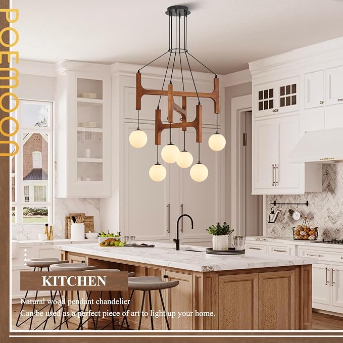 Farmhouse L28 '' Wooden Chandeliers with Milk Glass Globes Lampshades, Rustic Unique Mid Century Long 6-Light Pendant Chandelier for Living Dining Room Entryway Bedroom Kitchen,G9,Wood Stained Walnut - Image 6