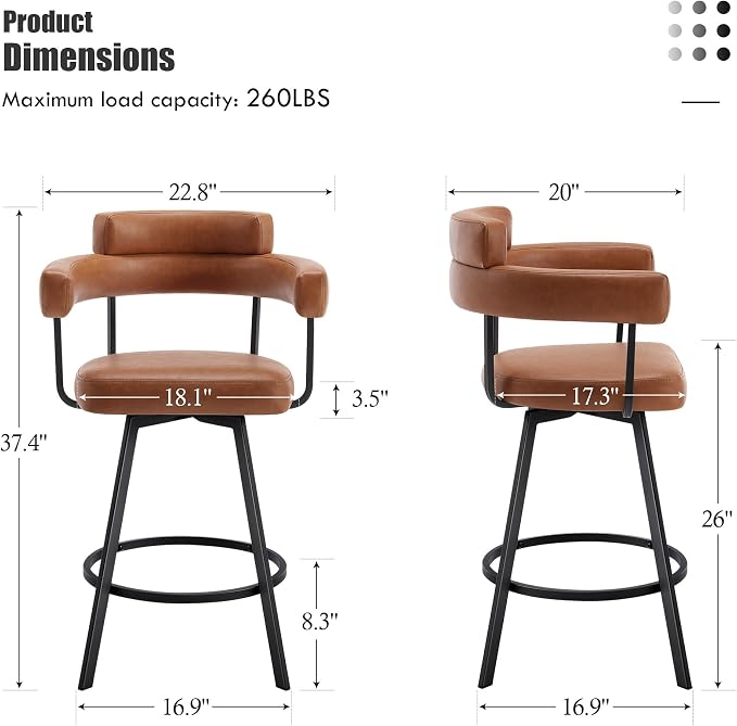 Flouki Swivel Bar Stools with Backs and Arms, Modern Faux Leather Counter Stools Set of 4 for Kitchen Island, 26" Upholstered Counter Height Bar Stools for Kitchen Counter, Dining Room, Brown - Image 2