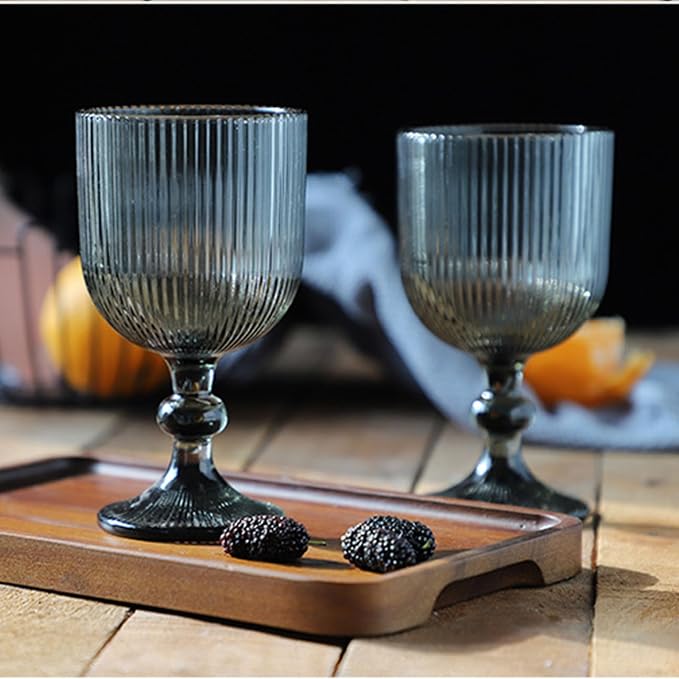 Taganov Water Goblets set of 6 Vintage Glassware 13 oz Colored Wine Glass Drinking Glass Vertical Line Embossed Pattern Stemmed Cups for Wedding Party Bar Grey - Image 2