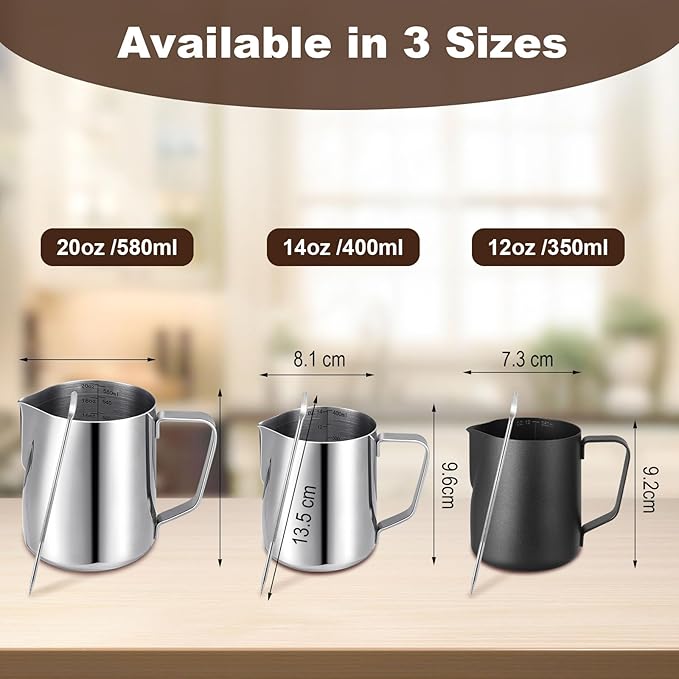 Milk Frothing Pitcher,Milk Steaming Frother Cup,Barista Cappuccino Latte Art Milk Jug with Decorating Pen,Stainless Steel Espresso Coffee Bar Accessories Tools (Black, 12oz)