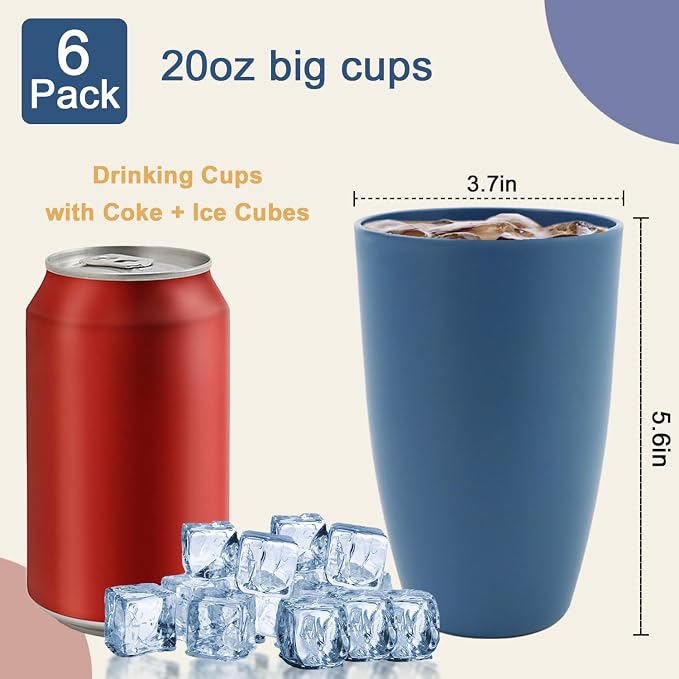 20 OZ Large Drinking Cups, Wheat Straw Cups Set of 6, Unbreakable Plastic Tumblers, Big Kitchen Cups Microwave & Dishwasher Safe Water Glasses for Kitchen, Bathroom, Party - Blue - Image 2
