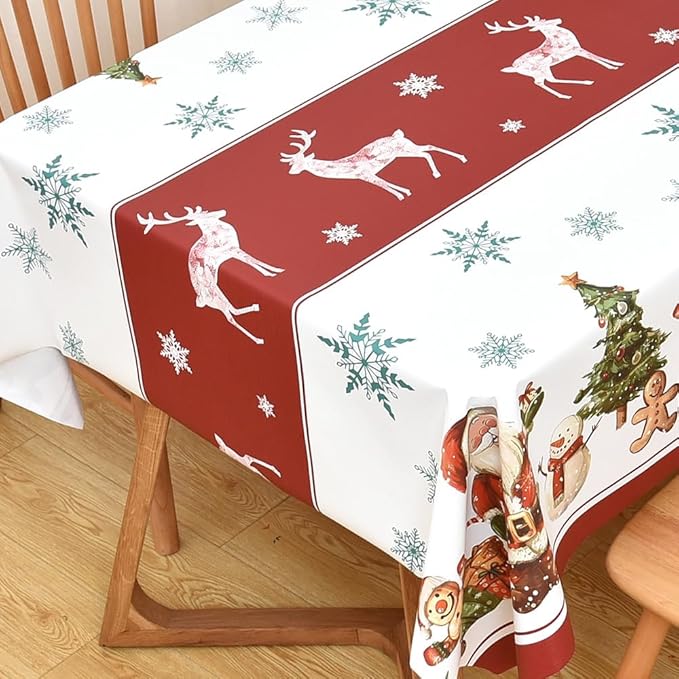 Christmas Table Cloth Rectangle Heavy Duty Vinyl Red Christmas Tablecloth Plastic Reusable Santa Tablecloth Wpieable Waterproof PVC Xmas Table Cover for Dining Party New Year(Deers, 54"x72") by Yofori