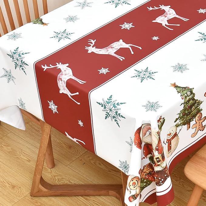 Christmas Table Cloth Rectangle Heavy Duty Vinyl Red Christmas Tablecloth Plastic Reusable Santa Tablecloth Wpieable Waterproof PVC Xmas Table Cover for Dining Party New Year(Deers, 54"x108") by Yofori