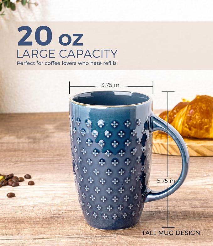 AmorArc Large Coffee Mugs Set of 6, 20oz Tall Coffee Mugs Set | with Texture Patterns for Cappuccino, Latte,Hot Cocoa, Dishwasher & Microwave Safe-Moonlight Blue - Image 2