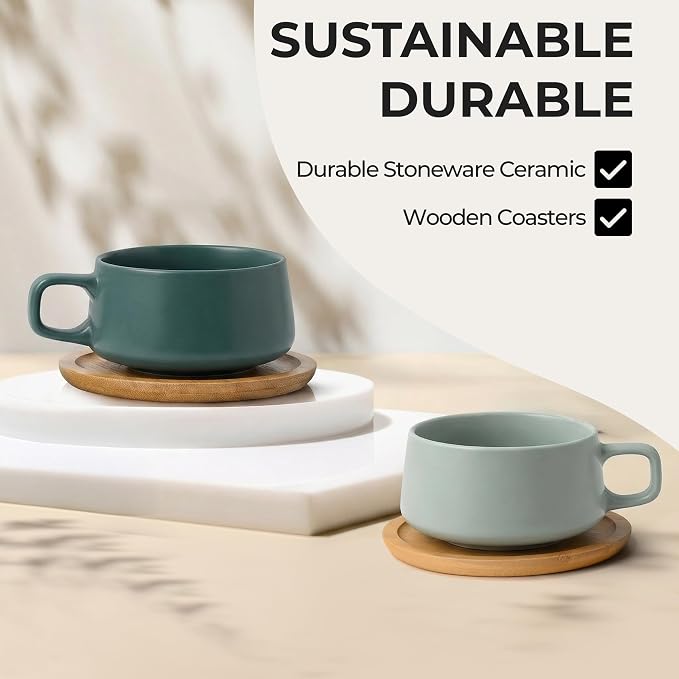 MIAMIO - Cappuccino Cup Set of 4, Ceramic, Wide (9.5oz) - Luxe (Evergreen) | Ceramic cappuccino cups and saucers, wide latte cups and mugs for Americano, 4-piece set of ceramic cups, dishwasher safe - Image 5