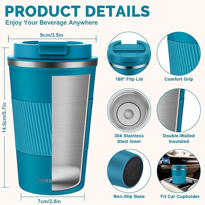 MOMSIV 12oz Travel Mug, Insulated Coffee Cup with Leakproof Lid, Travel Coffee Mug Vacuum Stainless Steel Double Walled Reusable Coffee Cup for Hot Coffee, Iced Coffee & Cold Drinks | 6-Hour Heat Retention, 360°Leak proof, Vacuum Stainless Steel Double... - Image 2