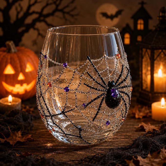 Halloween Ghost Stemless Wine Glass, 3D Raised Pumpkin Black Cat Spider Design Glassware Collection, Novelty Spooky Drinking Glasses for Cocktails, Halloween Party Decor Home Bar Gift，Spider version by Unknown