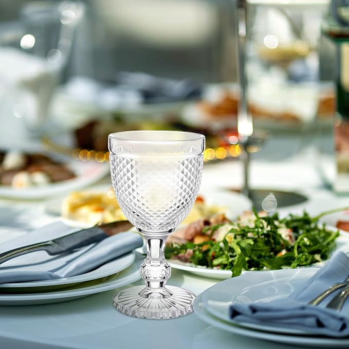 Bokon 6 Pack Clear Glass Goblets Set 10 oz High Clear Wine Glass Vintage Water Goblets Cups Embossed Diamond Design Glassware with Stem for Drinking Juice Liquor Party Wedding Bar - Image 5