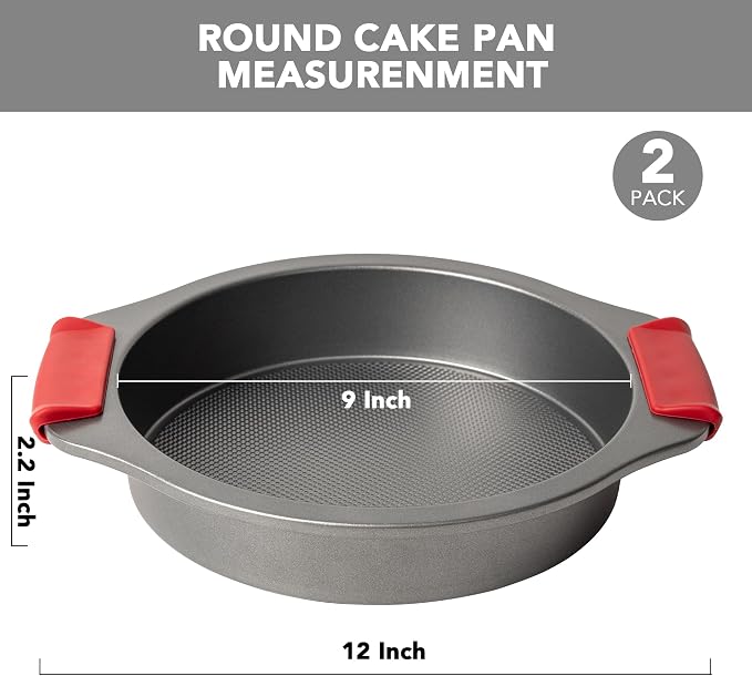 Tiawudi 9" Round Cake Pan Set of 2, 0.8mm Thick Heavy Duty Bakeware for Tiered & Layered Cakes, Nonstick Baking Pan with Diamond Texture for Even Heating, Cake Mold with Silicone Grip Handles - Image 2