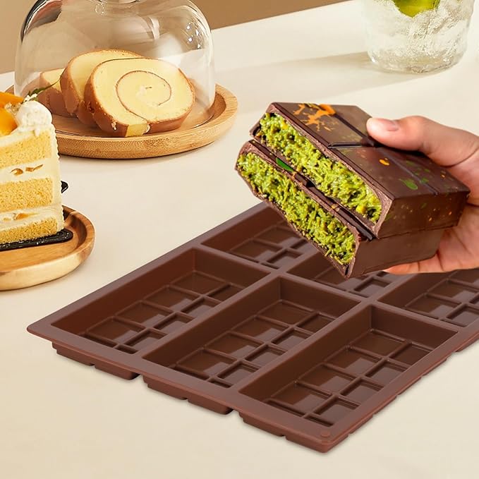 Chocolate Bar Mold, Set of 2 Non-Stick Silicone Chocolate Molds for Stuffed Bar, Food Grade Square Candy Bar Molds for Dubai Pistachio Rod, Snacks, Candies, Desserts (10 Snap)