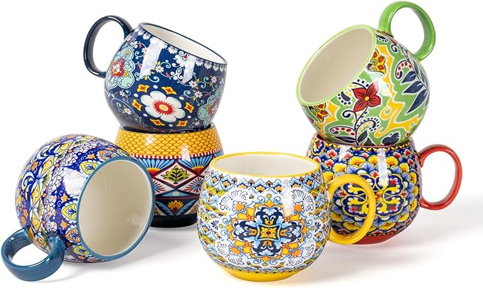 HENXFEN LEAD Large Boho Ceramic Coffee Mugs Set of 6, 20 oz | Assorted Patterns, Ideal for Coffee, Tea, Latte & Hot Cocoa, Microwave & Dishwasher Safe, Lead-Free Glaze by HENXFENLEAD