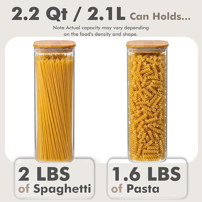 3-Pack 2.2Qt Square Glass Spaghetti Jars with Bamboo Lids | Minimalist Kitchen Organizer,Scandinavian Style Storage,Nordic Style Storage,Food Storage Canister for Pasta, Penne, Macaroni - Image 3
