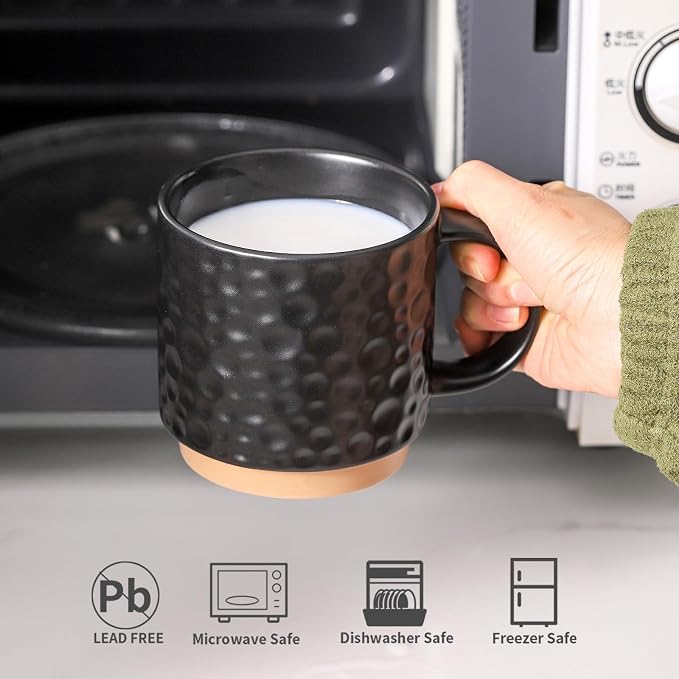 Nihow 16 Oz Ceramic Coffee Mug Set of 4 with Stackable Stand,Matte Black | Stackable, Stainless Stand Included, Cappuccino & Tea, Hot/Cold Drinks, Dishwasher & Microwave Safe - Image 3
