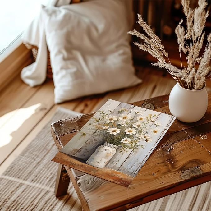 XOCUUI Vintage Canvas Wall Art, Modern Gallery Decor Print White Daisy Flower With Leaf In Bottle Theme Picture Artwork For Walls Ready for Kitchen Bedroom Decor Size 11x14 - Image 4