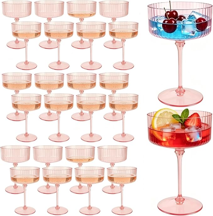 PLULON 24 Pcs Pink Champagne Martini Glasses Set 10 Oz Plastic Ribbed Coupe Cup, Cocktail Glasses Champagne Cup Tower Vintage Margarita Glassware for Clubs Gifts Wedding Bachelor Party Outdoor Events by PLULON