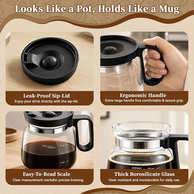 2 Pack Coffee Pot Mug, 16oz Tiny Brew Coffee Pot Coffee Mug, Thick Borosilicate Glass Mini Coffee Pot Mug with Lid for Iced Coffee, Cute Coffee Cup Gift for Coffee Lovers - Image 5