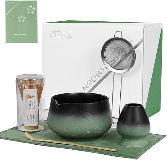 ZENS Matcha Whisk Set, Matcha Kit Set with Bowl and Bamboo Whisk, 304 Sifter, Scoop, (Chasen Holder) -Tea Mat, 6pcs Matcha Set for Latte-Making, Sage Green