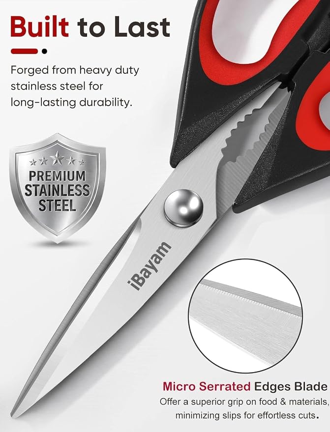iBayam Kitchen Scissors Shears All Purpose Heavy Duty, Protective Sheath | 2-Pack, Ultra-Sharp Stainless Blades, Soft Comfort-Grip, Dishwasher Safe, Cutting Food Cooking Meat Poultry Kitchen Utensils - Image 2