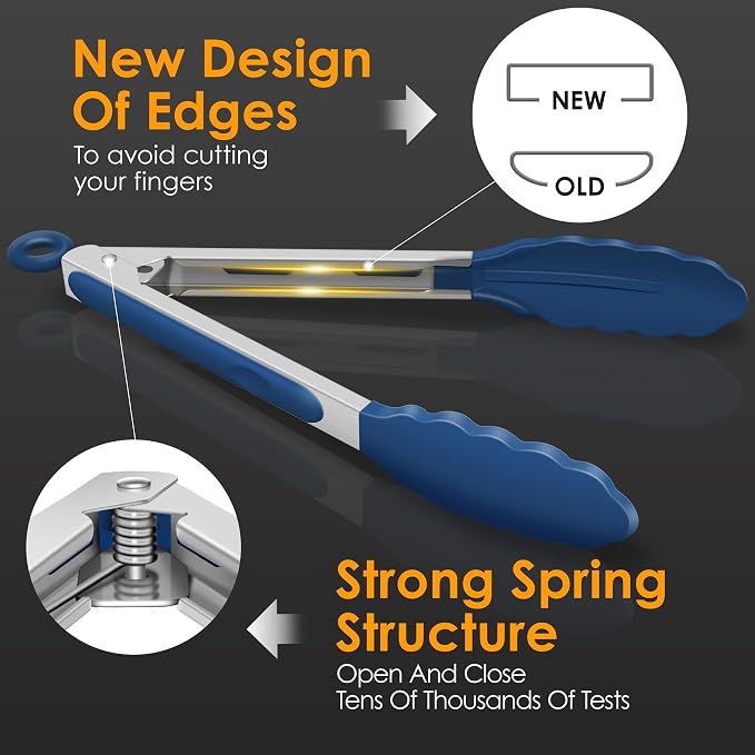 HOTEC Premium Stainless Steel Locking Kitchen Tongs with Silicon Tips, Set of 3-7", 9" and 12" (Classic Blue) - Image 4