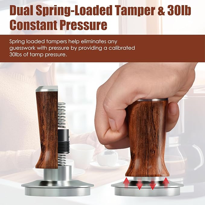 MATOW 58.5mm Espresso Hand Tamper, Dual Calibrated Spring Loaded Coffee Tamper with Stainless Steel Ripple Base, Pro-barista 30lbs Espresso Tamper with Red Rosewood Handle Fits 58mm Portafilter