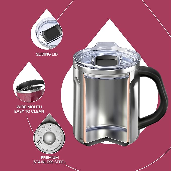 Ideus 16 oz Insulated Coffee Mug with Handle and Lid, Double Wall Stainless Steel Vacuum Thermal Coffee Mug, Travel Coffee Cup Thermal Cup for Home and Office, Burgundy-FUJI FLOW - Image 3