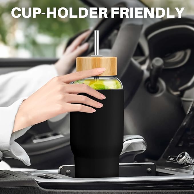 PROBTTL 40 oz Glass Tumbler with Handle - Sports Clear Borosilicate Glass Water Bottle with Straw, Silicone Sleeve, 2 Lids - Handle Spout & Bamboo Straw Lid, Fits Car Cup Holder, Leakproof(Black)