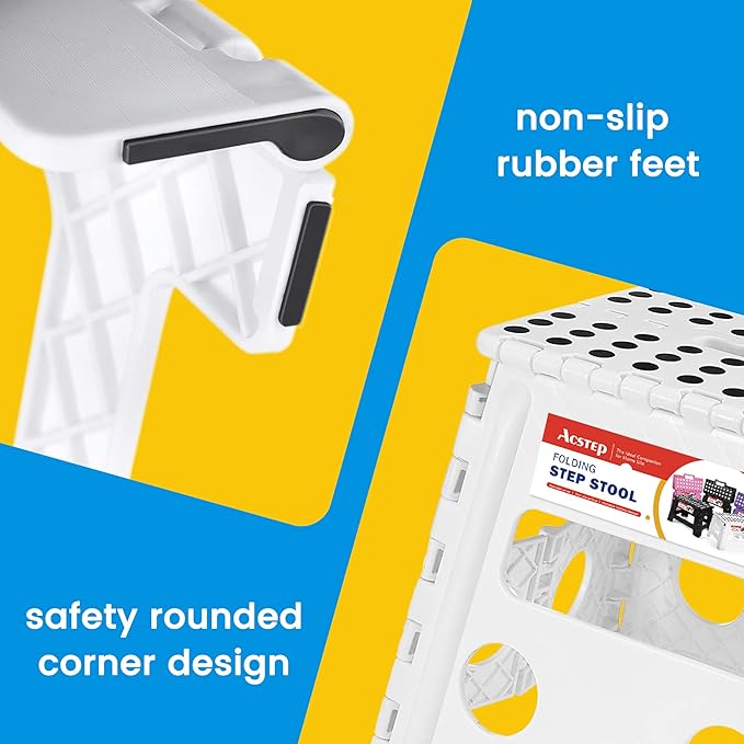 ACSTEP 13 Inch Folding Step Stool, Holds 300 lb, for Adults and Kids, White | Heavy Duty Portable Collapsible Foot Stool, Non-Slip Surface for Kitchen Bathroom Bedroom Outdoor, Lightweight with Handle - Image 6