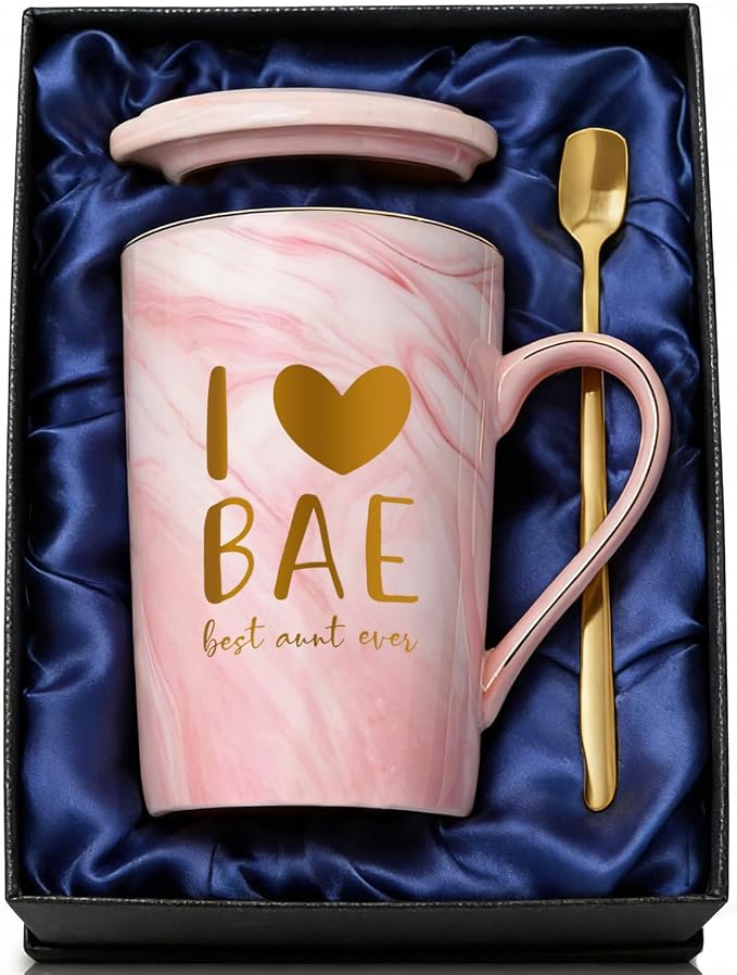 ShinnyWis Aunt Gifts for Aunts from Niece - Mothers Day Birthday Gifts for Aunt, 14Oz Pink Marble Ceramic Coffee Mugs Print with Real Gold, BAE Best Aunts Auntie Ever Gift Mug with Lid Spoon Card by ShinnyWis