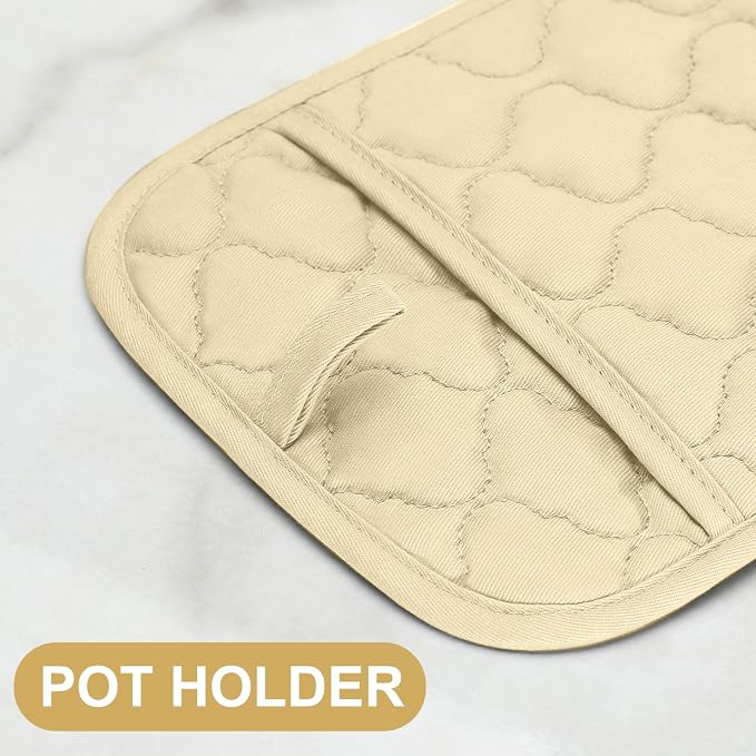Oven Mitts Pot Holders Sets/Kitchen Towels and Dishcloths, Oven Gloves Kitchen Dish Towels 500 Degree Heat Resistant Potholders with Non-Slip Silicone Surface for Cooking, Grilling, Baking-Beige - Image 4