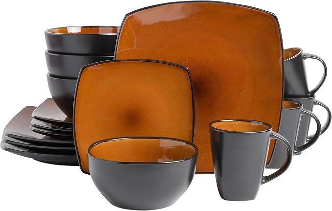 Gibson Elite Soho Lounge Square Reactive Glaze Stoneware Dinnerware Set, Service for 4 (16pc), Amber by GibsonHomewares