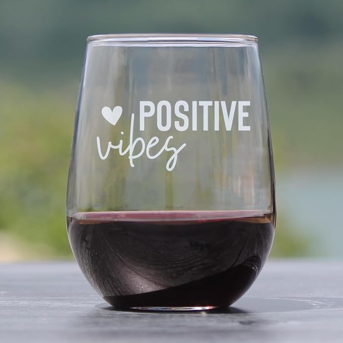 Positive Vibes 17oz Stemless Wine Glass, Hand Engraved Etched, Uplifting Mantra Glassware - Image 2