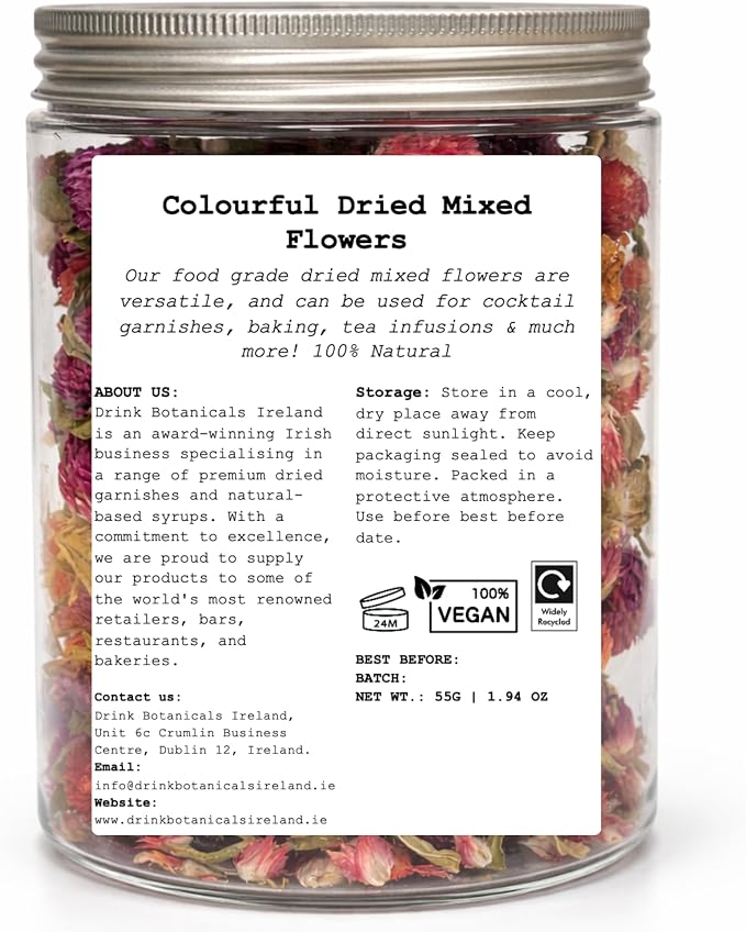 Colourful Dried Mixed Flowers | 100+ Flowers | 100% Natural | Food Grade | for Garnishing Cocktails, Tea Infusions, Cake Decorations | Flowers for Garnishing | Drink Botanicals Ireland | 55G, 1.94 OZ - Image 2