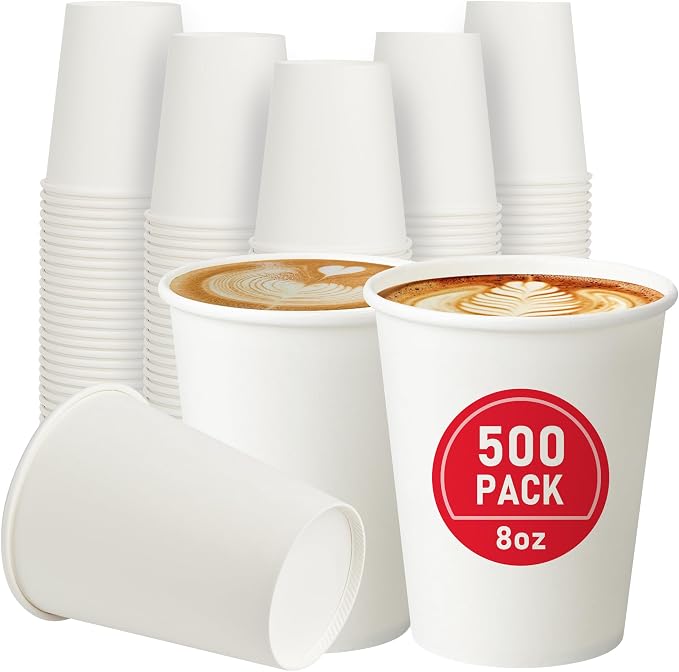 500 Pack 8 oz Paper Cups, Disposable Coffee Cups, White Hot/Cold Beverage Drinking Cups for Water, Coffee, or Juice, Perfect for Office, Party, Home by VPACKDUO