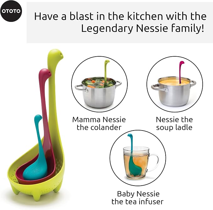 The Nessie Family by OTOTO - Pack of 3 Tea Infuser, Soup Ladle, and Colander - Cute Kitchen Accessories, Cooking Gifts, Funny Kitchen Gadgets, Kitchen Gifts - Image 3