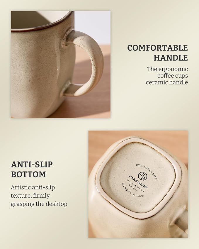 famiware Coffee Mugs Set of 4, Ocean Square 13oz Coffee Cup Set with Handle for Cocoa, Milk, Hot Chocolate, Tea, Water, Stoneware Cups for Kitchen, Microwave and Dishwasher Safe, Light khaki - Image 7