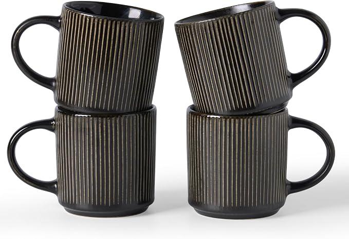 famiware Coffee Mug Set for 4, Star 12 oz Catering Mugs Cup Set with Handle for Coffee, Tea, Cocoa, Milk - Ceramic Stoneware Drinkware Set, Black by Famiware