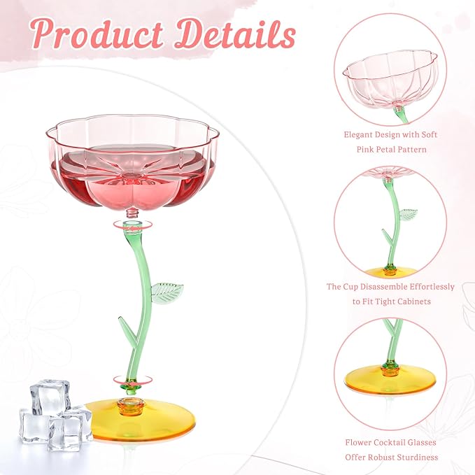 12 Pcs Pink Plastic Ribbed Coupe Glasses Detachable 7oz Flower Cocktail Glasses Modern Wavy Plastic Cocktail Coupes Disposable Martini Glasses Mimosa Glassware champagne goblets (12, PInk) - Image 3