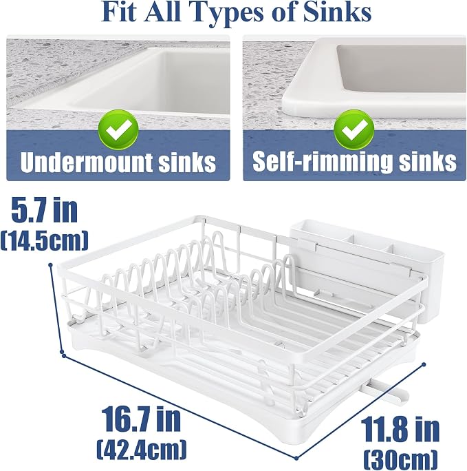 SNTD Dish Drying Rack for Kitchen Counter, 11.8" W x 16.7" L, White | Rustproof Stainless Steel, Large Capacity, Self-Draining Drainboard, Rotating Spout, Removable Utensil Holder - Image 4