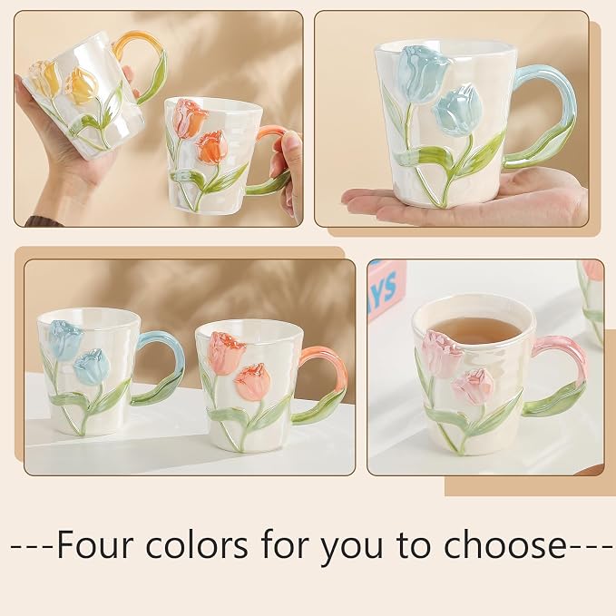 Tulip Flower Ceramic Mug 11.8Oz, Handmade Cute Coffee Tea Cup for Women, Unique Gift for Flower Lovers Mom Friend, Christmas Birthday Surprise, Yellow - Image 6