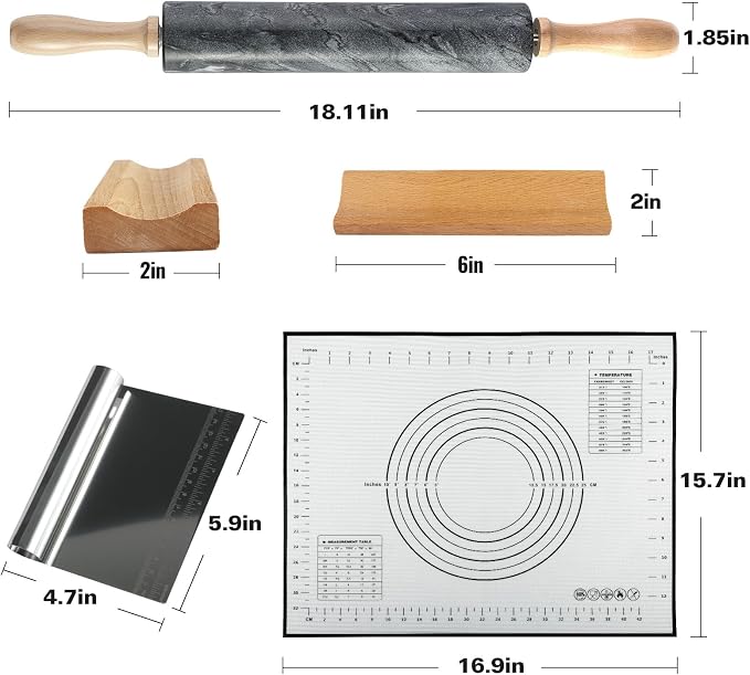 African Natural Marble Rolling Pin, Non-Stick Polished Dough Roller, Pasta, Dumpling, Fondant, Pie Crust, Bread, Pizza Dough, Kitchen Baking Pastry Tools with Mat/Scraper(Monte Grigio) - Image 3