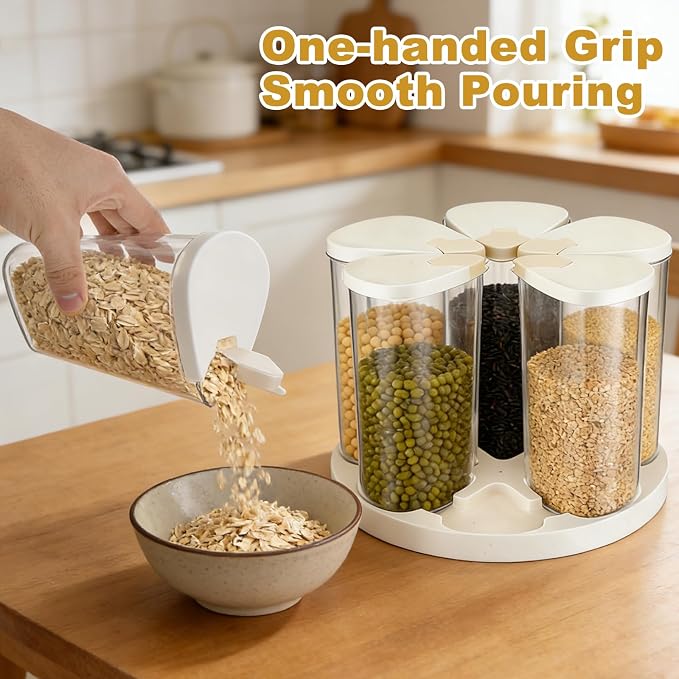 5-10 lbs Rice Dispenser 6 Grids 360° Rotating Cereal Dispenser Countertop BPA-Free PET Grain and Rice Storage Container with Lids Dry Food Dispenser Grain Canister Sets for Oats Flour Corn Flakes - Image 6