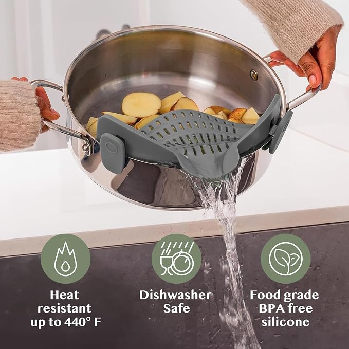 Kitchen Gizmo Snap N' Strain - Silicone Pasta Strainer Clip-On for Pots and Pans - Heat Resistant Colander for Vegetables and Noodles - Kitchen Gadgets for Cooking - Space-Saving Design - Gray - Image 6